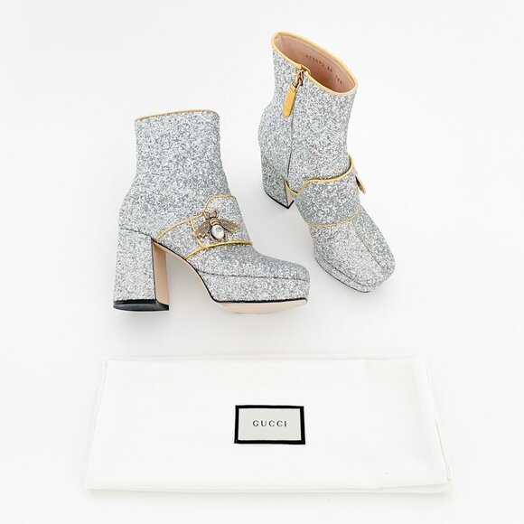 Gucci Soko Platform Ankle Boots EU 36 US 6 Silver Glitter GG Pearl Bee Heel - Picture 1 of 15